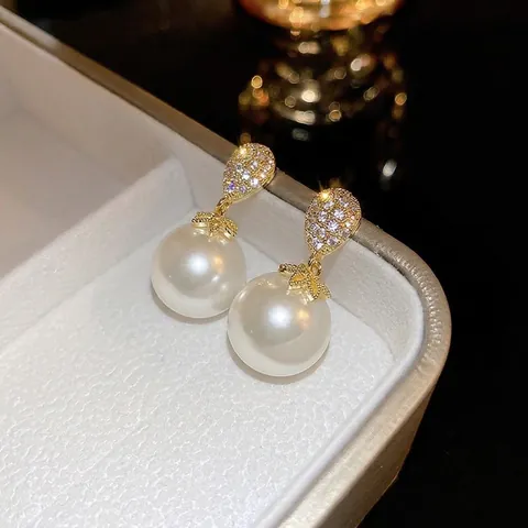 Elegant Artificial Pearl Dangle Earrings With Silver Earring Post Copper Gold Plated Waterdrop Zirconia For Women