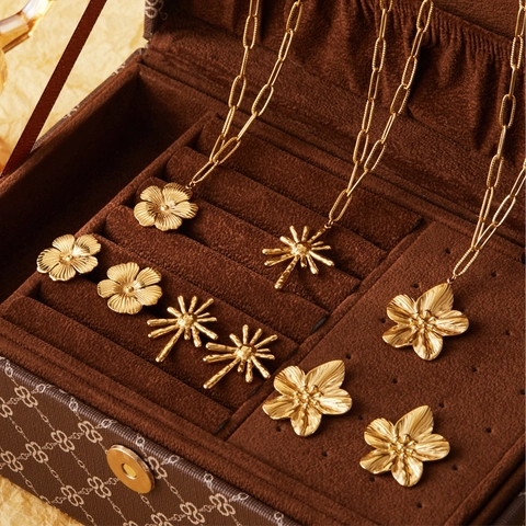 Vintage Gold Stainless Steel Flower Bow Starburst Pendant Necklace And Earrings Paperclip Chain Jewelry For Women