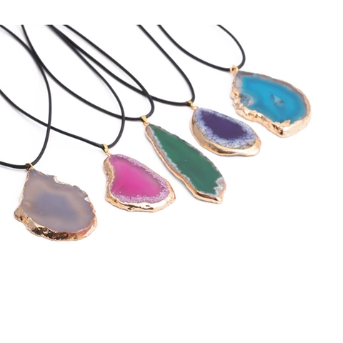 Natural Agate Slice Anhänger Halskette Gold Plattiert Schwarz Wachs Seil Bohemian Minimalist Mode Schmuck Damen Geschenk