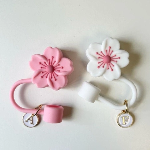Sakura Cherry Blossom Silicone Straw Topper Dust Proof Cover With Alphabet Charm Metal Chain For Tumbler Cup Accessory