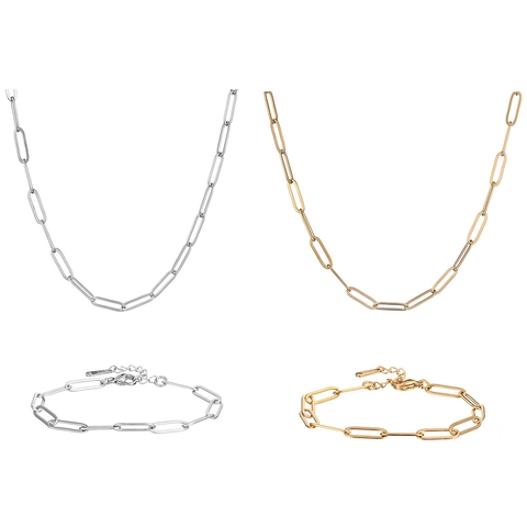 Minimalist Stainless Steel Paperclip Chain Necklace Bracelet Jewelry Set For Women Men Gold Silver Plated Fashion Accessory
