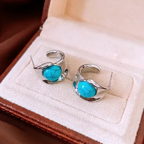 Vintage Round Turquoise Stud Earrings With 925 Sterling Silver Earring Post Copper Base Retro Jewelry For Women