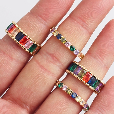 Anello In Zirconia Cubica Arcobaleno Colorato Placcato Oro Rame Fascia Eternità Anello Aperto Regolabile Gioielli Di Moda