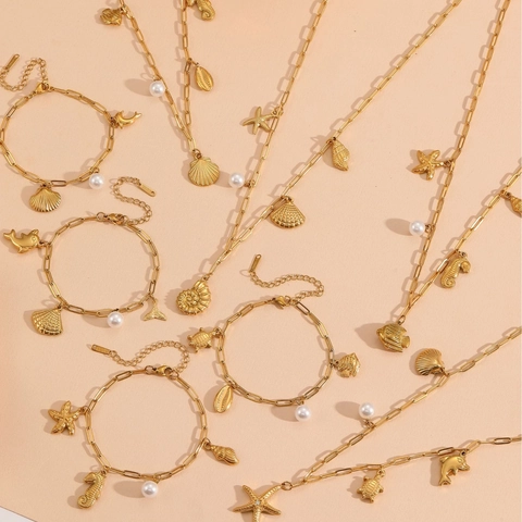 Oceano Acciaio Inossidabile Oro Stella Marina Conchiglia Perla Artificial Collana E Bracciale Gioielli Spiaggia Estate Donne