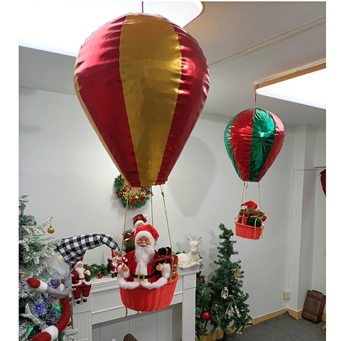 Christmas Santa Claus Hot Air Balloon Hanging Ornament Fabric Plastic Red Gold Festive Ceiling Decor Traditional Holiday Display