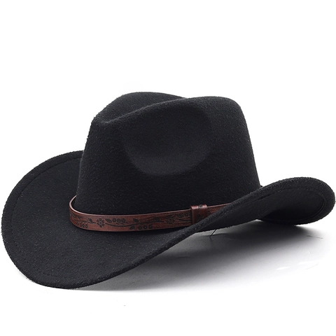 Cappello Da Cowboy Western Classico Feltro Di Poliestere Fedora A Tesa Larga Con Fascia In Pelle Goffrata Floreale Stile Etnico