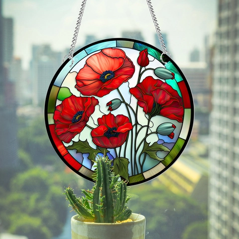 Roter Mohn Blume Rund Suncatcher Acryl Hängende Dekoration UV Gedrucktes Paneel Mit Kette Und Saugnapf Für Fenster Deko