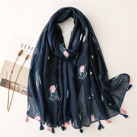 Bufanda De Mujer Con Estampado Floral Chal Azul Marino Con Borlas Fino Transpirable Sensación Algodón Lino Elegante