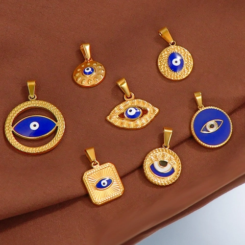 Evil Eye Pendant Stainless Steel Gold Plated Blue Enamel Geometric Charm DIY Jewelry Making Accessories Bohemian Style