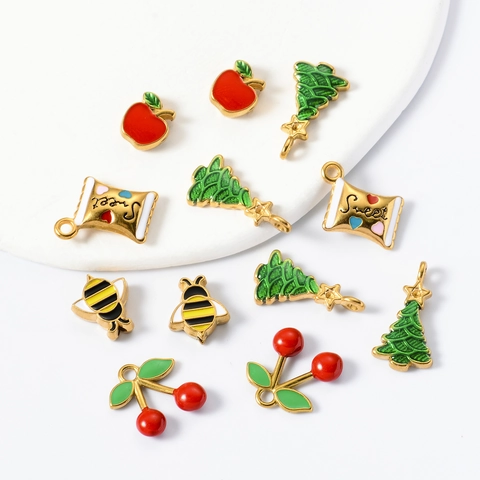 Stainless Steel Enamel Charms For Jewelry Making DIY Pendants Colorful Dripping Oil Christmas Tree Bee Apple Candy Shape