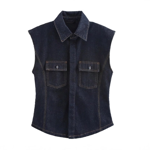 Sleeveless Denim Vest And High Waist Wide Leg Pants Women Casual Retro Streetwear Denim Blue Contrast Stitching