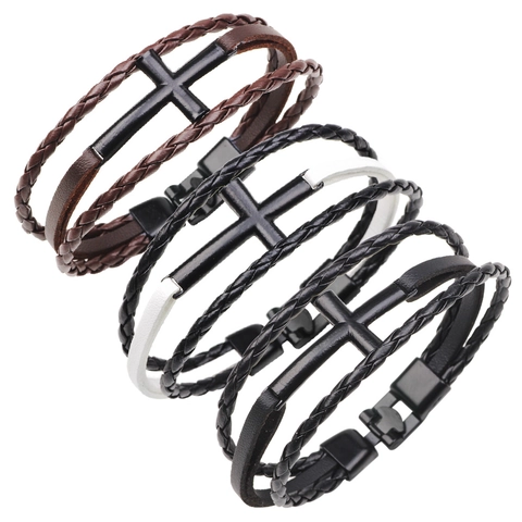 Bracciale Multistrato Pelle Intrecciata Croce Lega Vintage Gioielli Punk Eleganti Accessorio Per Uomo E Donna