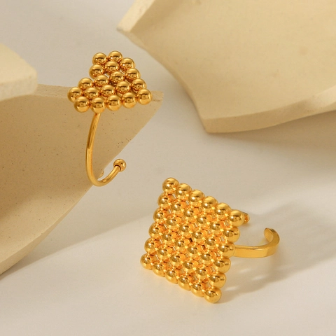 Heart Square Beaded Open Ring 18K Gold Plated Stainless Steel Adjustable Geometric Jewelry Fashion For Women