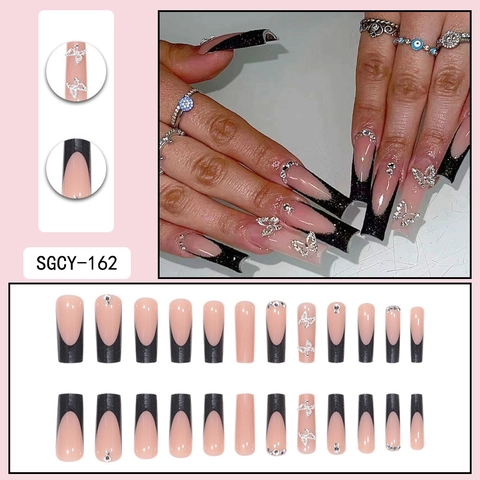 Unghie Finte A Pressione Farfalla Lunghe Bara Rosa Nudo Nero Francese Glitter Strass Eleganti Per Donne Ragazze