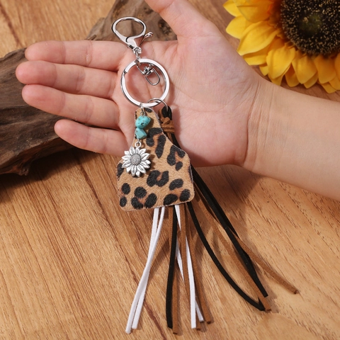 Western Bohemian Keychain Cow Tag Leather Tassel Sunflower Pendant Vintage Turquoise Bead Bag Charm For Women