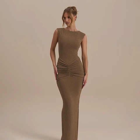 Shimmer Sleeveless Maxi Dress Sexy Slim Ruched Round Neck Back Slit Evening Party Clubwear For Women