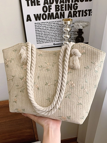 Sac Cabas En Paille Tissé Femmes Broderie Florale Poignée En Corde Épaisse Grande Kapacité Été Plage Style Pastoral