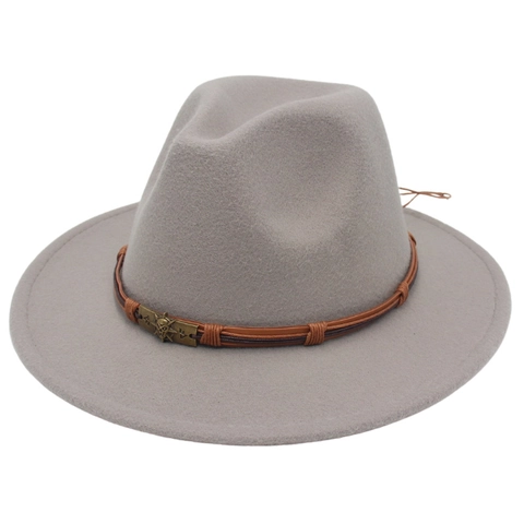 Fedora Hat Wool Felt Wide Brim Vintage Punk Western Style With Leather Band Metal Skull Buckle For Men Women