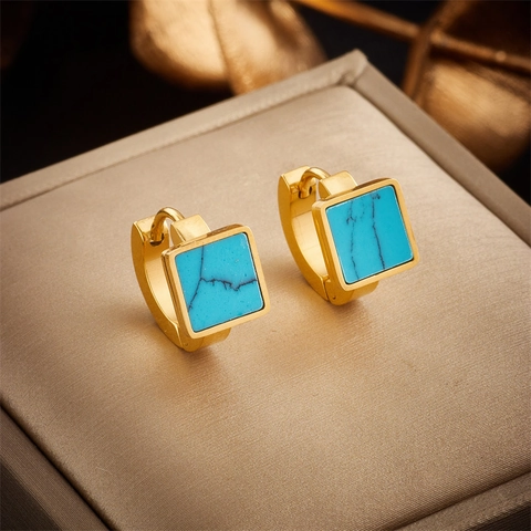 Orecchini a Cerchio in Acciaio al Titanio con Turchese Quadrato Geometrico Vintage per Donna Gioielli Minimalisti Placcati Oro