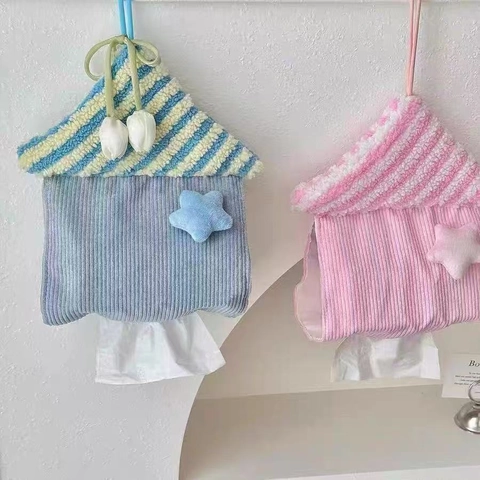 Hanging Tissue Box Cover Bag House Shape Corduroy Plush Star Tulip Cute Decorative Holder For Home Car Bathroom