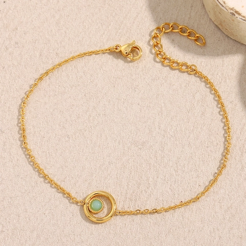 Minimalist Bracelet Stainless Steel 18K Gold Plated Natural Green Stone Geometric Round Pendant Adjustable Jewelry For Women