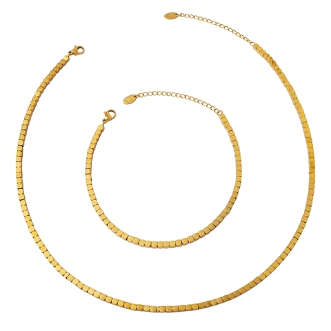 Gioielli Di Moda Collana E Cavigliera In Acciaio Al Titanio Placcato Oro 18K Con Catena A Perle Quadrate Per Donna