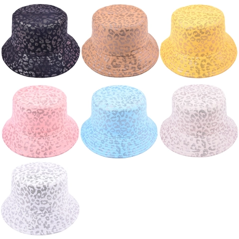 Metallic Leopard Print Bucket Hat Cotton Wide Brim Sunshade Flat Top Outdoor Hip Hop Fashion Accessory