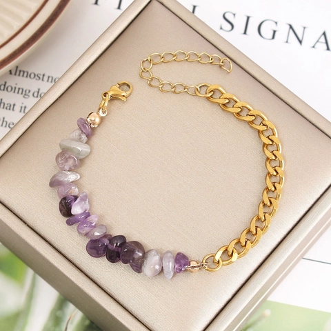 Natural Stone Crystal Gravel Spliced Bracelet Stainless Steel Gold Silver Chain Adjustable Boho Summer Holiday Jewelry For Women