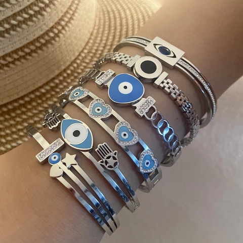 Evil Eye Hamsa Hand Herz Edelstahl Armband Armreif Für Frauen Emaille Strass Römische Ziffern Schmuck