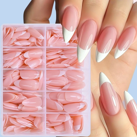 French Tip Press On Nails Almond Shape Pink White Glossy Full Cover Artificial Fake Nails Manicure For Women Elegant