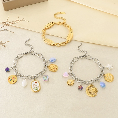Bracciale In Acciaio Inossidabile Placcato Oro 18K Stella Luna Tulipano Ciondoli Catena Gioielli Donna