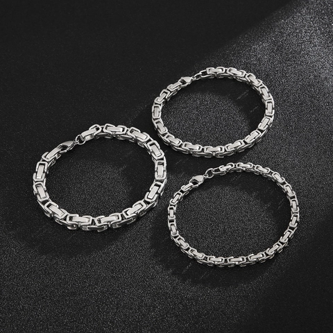 Men Byzantine Link Chain Necklace And Bracelet Stainless Steel Polished Geometric Square Jewelry Fashion Accessory