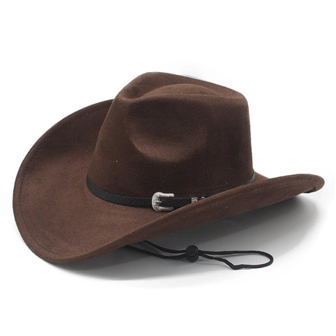 Western Cowboy Hat Suede Fabric Wide Brim Vintage Belt Buckle Adjustable Wind Rope Retro Knight Style
