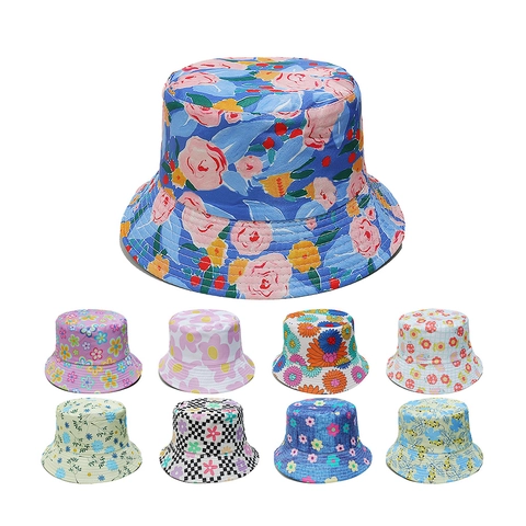 Floral Print Bucket Hat Polyester Sun Protection Wide Brim Summer Outdoor Vacation Pastoral Style Women