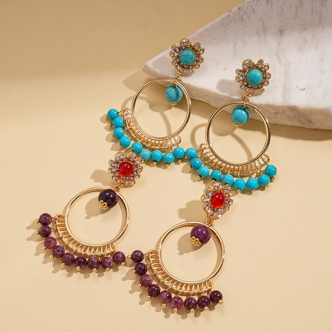 Pendientes De Aro Bohemios Con Aleación Diamantes De Imitación Cuentas De Piedra Y Poste De Plata Estilo Étnico Mujer