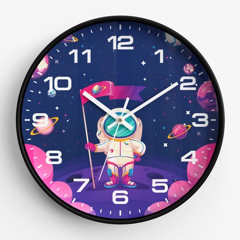 Weltraum Astronaut Wanduhr Geräuschlos Quarz Kunststoff Glas Cartoon Kinderzimmer Rund Dekorative Hängeuhr