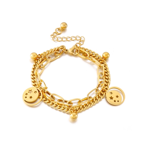 Zweilagiges Edelstahl Armband Für Damen Hohlstern Mond Anhänger Polierte Perlen Verstellbarer Modeschmuck