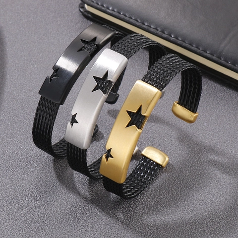 Men Stainless Steel Open Cuff Bracelet Braided Mesh Strap Hip Hop Hollow Star Pattern Adjustable Bangle Jewelry