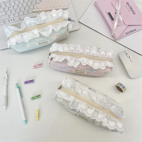 Canvas Pencil Case Lace Trim Large Capacity Stationery Pouch Cute Cat Print Heart Embroidery Zipper School Storage For Girls