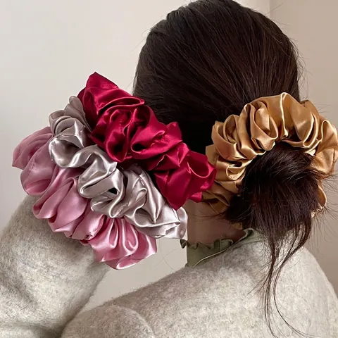 Large Satin Scrunchies Satin Like Hair Ties Pleated Elastic Hair Bands Oversized Solid Color Elegant Ponytail Holders For Women