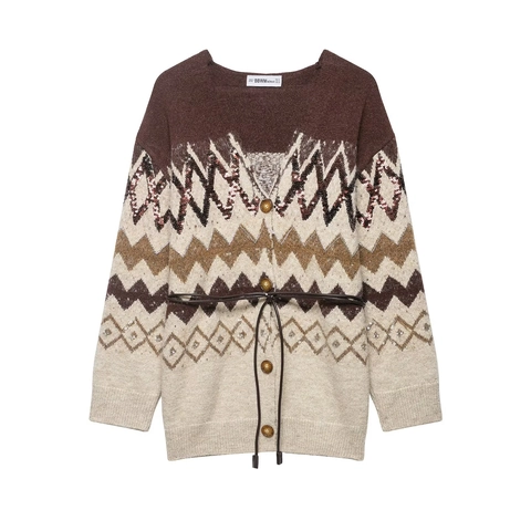 Women Knit Cardigan Sweater Jacquard Geometric Pattern Sequins Belted Long Sleeve Retro Button Front Outerwear