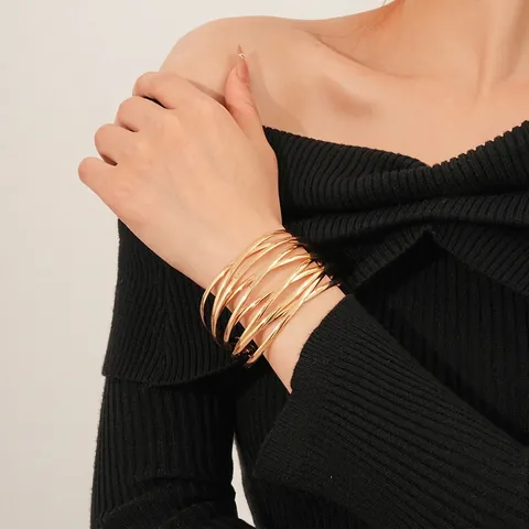 Multi Layer Interwoven Alloy Open Cuff Bracelet Minimalist Geometric Cross Design Adjustable Jewelry For Women