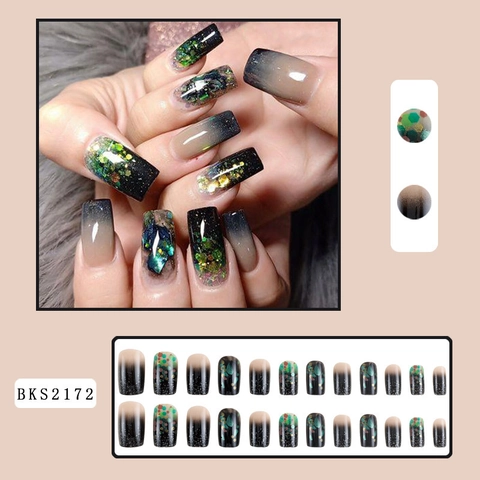 Lange Coffin Press On Nägel Strass Glitzer Marmor Blumen Design French Tip Elegante Künstliche Nägel Für Frauen