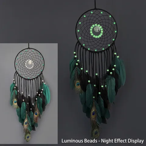 Acchiappasogni Da Parete Con Piume Di Pavone Perline Luminose Si Illumina Al Buio Fatto A Mano Decorazione Boho