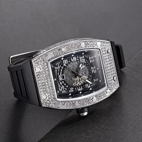Luxury Men Tonneau Quartz Watch Paved Rhinestone Skeleton Dial Silicone Strap Luminous Date Fashion Business Wristwatch