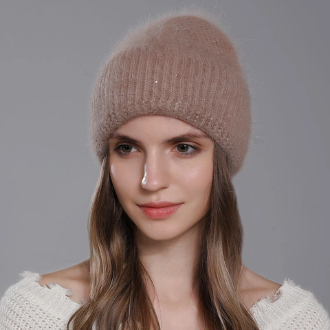 Women's Winter Angora Rabbit Hair Knitted Beanie Hat Warm Soft Plush Ribbed Cuff Skull Cap Daily Fashion Ear Protection Outdoor Headwear