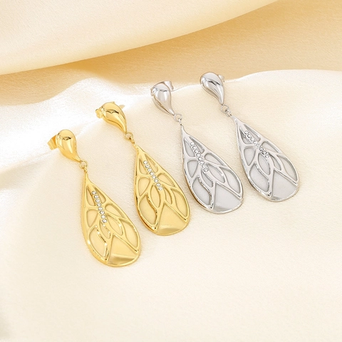 Orecchini Pendenti Goccia Acciaio Inossidabile Texture Venatura Foglia Con Zirconia Vintage Elegante Gioielli Donne