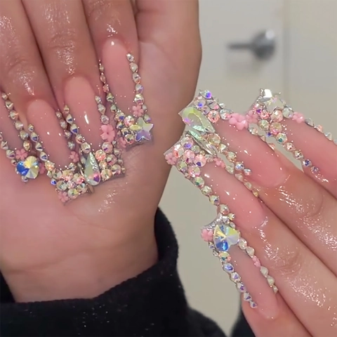 Extra Long Coffin Press On Nails Pink With 3D Flowers And Rhinestone Luxury Heart False Nails For Women Glossy