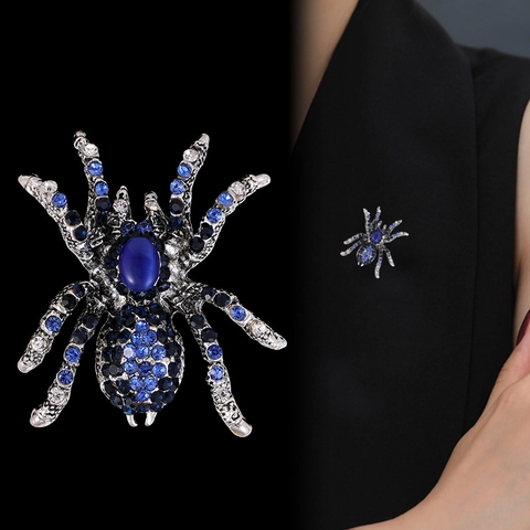 Vintage Alloy Rhinestone Spider Brooch With Cat Eye Stone Exaggerated Animal Insect Corsage Pins For Women Halloween Jewelry