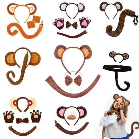 Accessorio Costume Scimmia Animale Cerchietto Orecchie Peluche Coda Lunga Papillon Guanti Tutu Per Cosplay Halloween Festa